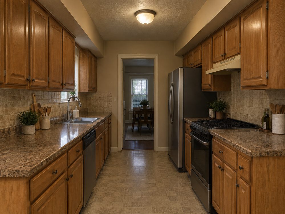 A dated closed galley kitchen with honey oak raised panel doors and a boxed bulkhead soffit above the upper cabinets