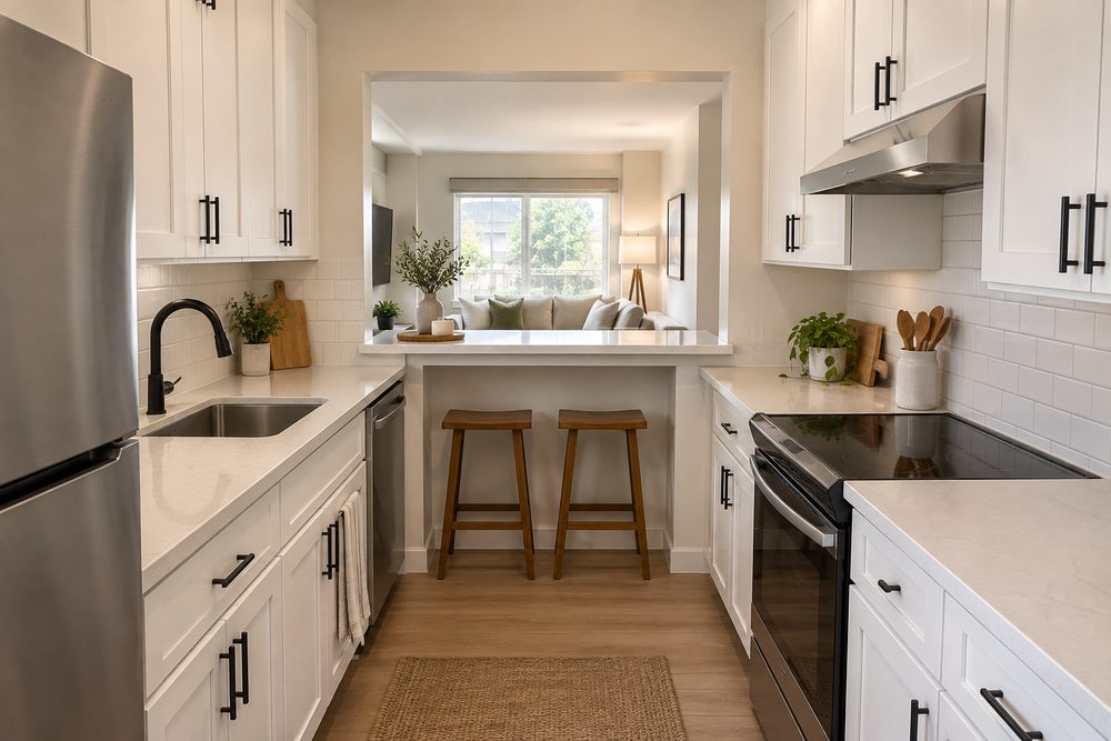 A compact kitchen with a pass through opening to a living room, a quartz counter across the sill and two wooden stools