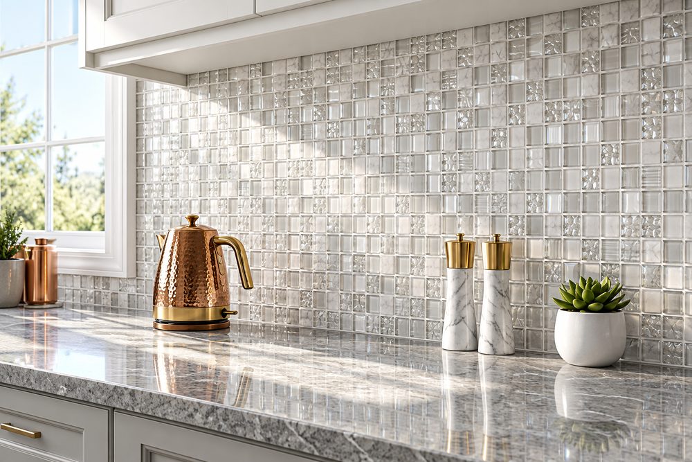 A speckled grey stone counter meeting a square glass mosaic tile backsplash, with a copper kettle and marble grinders on the surface