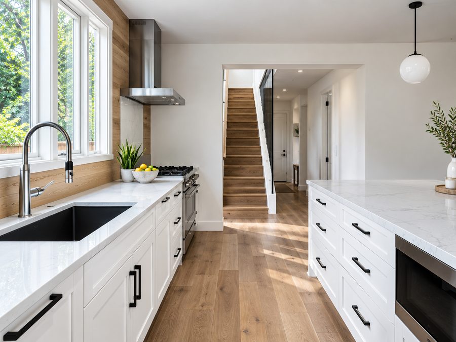 Galley kitchen with white cabinets and a quartz counter, looking down its length toward a stair hall