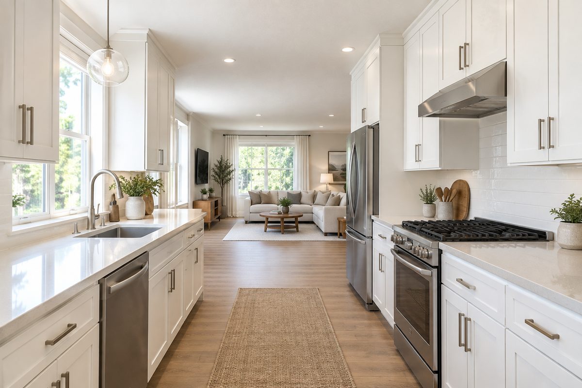 A galley kitchen opened into a family room, white shaker uppers carried to the ceiling, with a sofa and window beyond