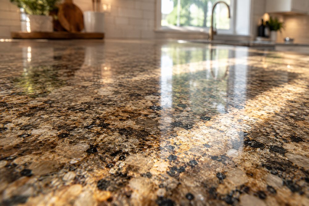 A polished granite counter shot low along the surface, with visible crystal grain and gold, cream and black mineral flecks