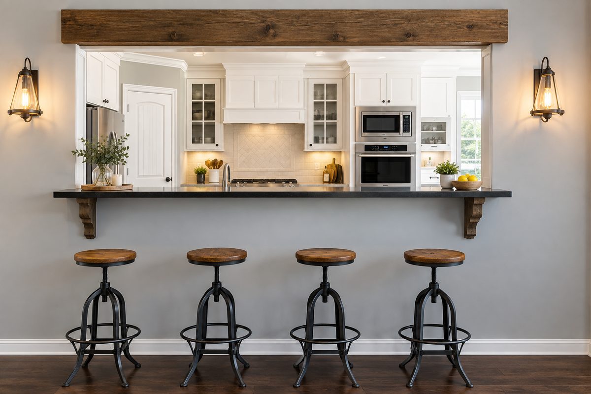 A pass through between a kitchen and a living room, with a dark stone bar counter on the sill carried on timber corbels and four stools below