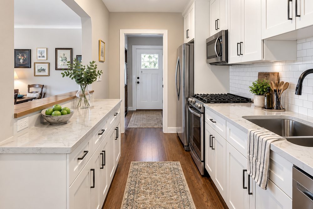 A galley kitchen shot down its length toward a back door, with a run of cabinets on each side and a pass through on the left