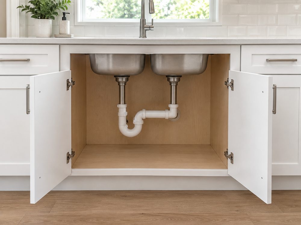 An open sink base cabinet with both doors swung back, showing a sound cabinet bottom and a double bowl stainless sink draining through a white P trap into the wall