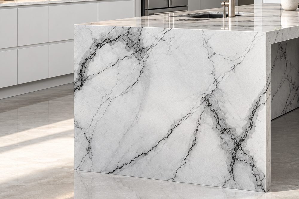 A porcelain island with a mitred waterfall edge, the veining carried over the corner and down the side panel