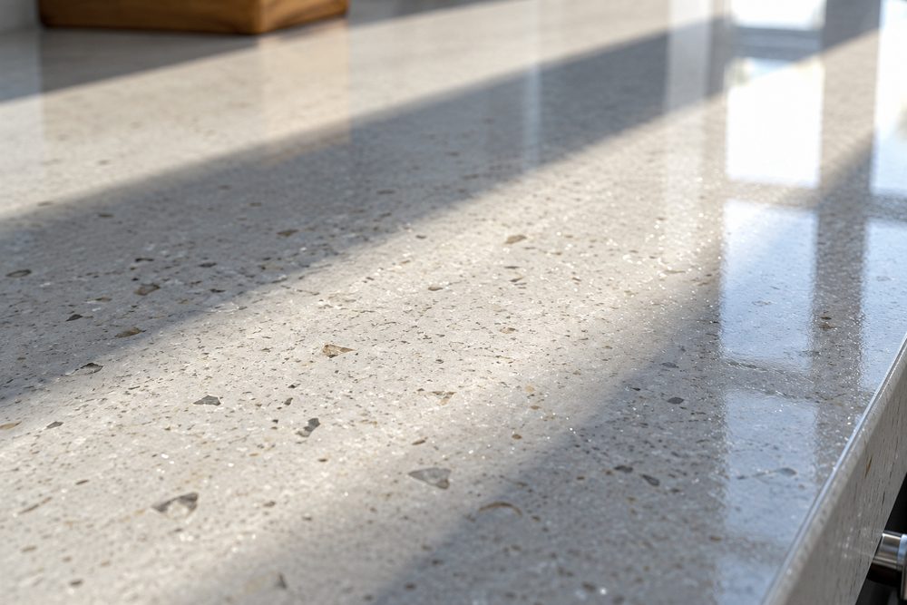 A polished quartz counter shot low along the surface, with pale aggregate flecks and raking sunlight across it