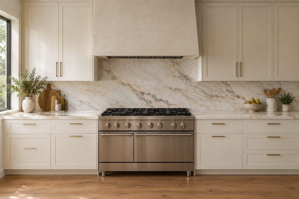 A cream kitchen where the quartz counter runs up into a full height slab backsplash behind a stainless range, below a plaster hood