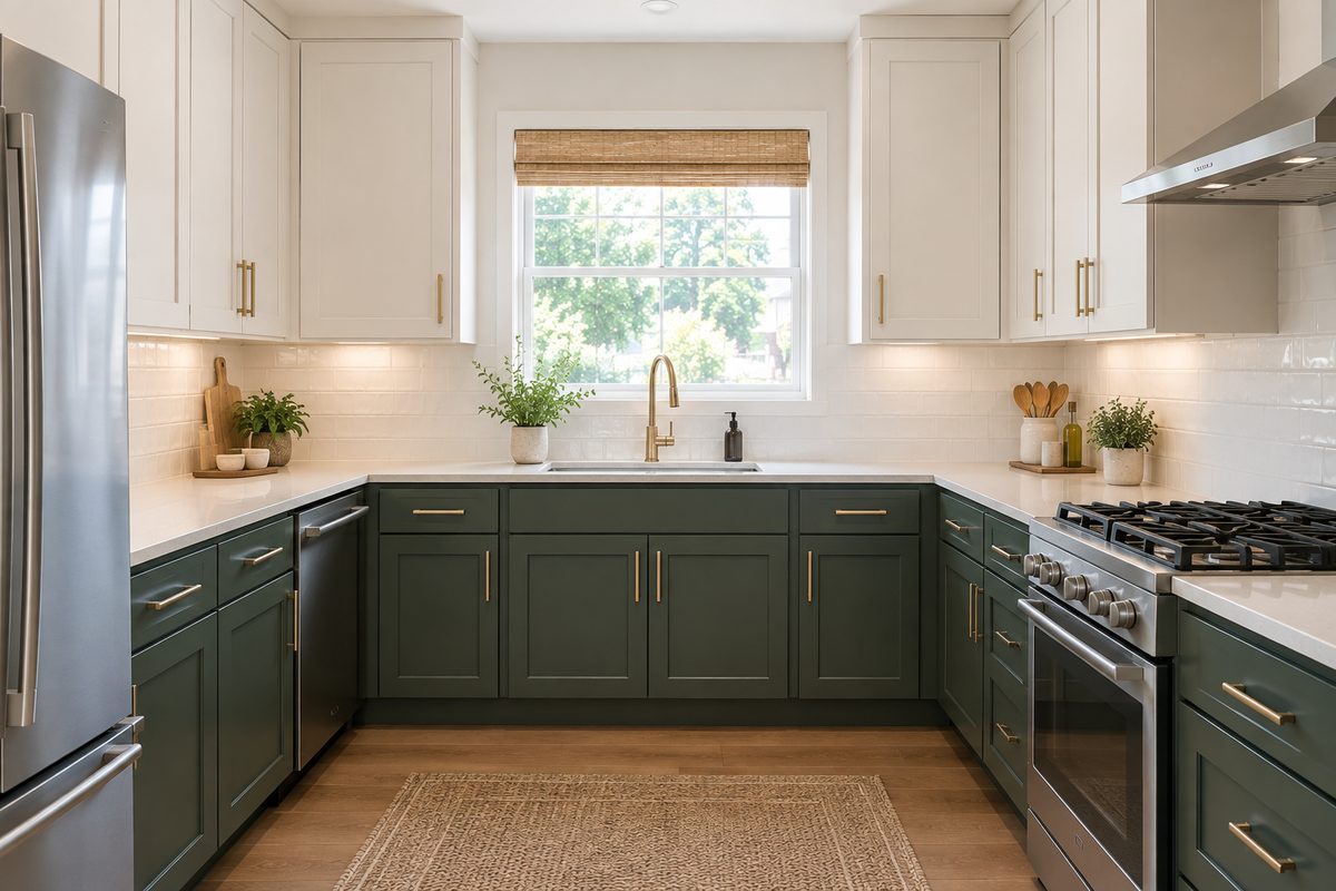 Design rendering of refaced shaker cabinet fronts, deep green below and warm white above, with brass bar pulls, a white quartz counter and a white subway tile backsplash
