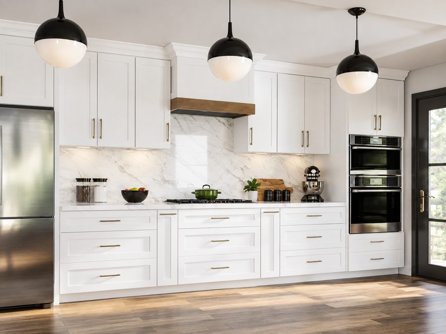 A run of white shaker cabinets with brass pulls, a marble backsplash and double wall ovens