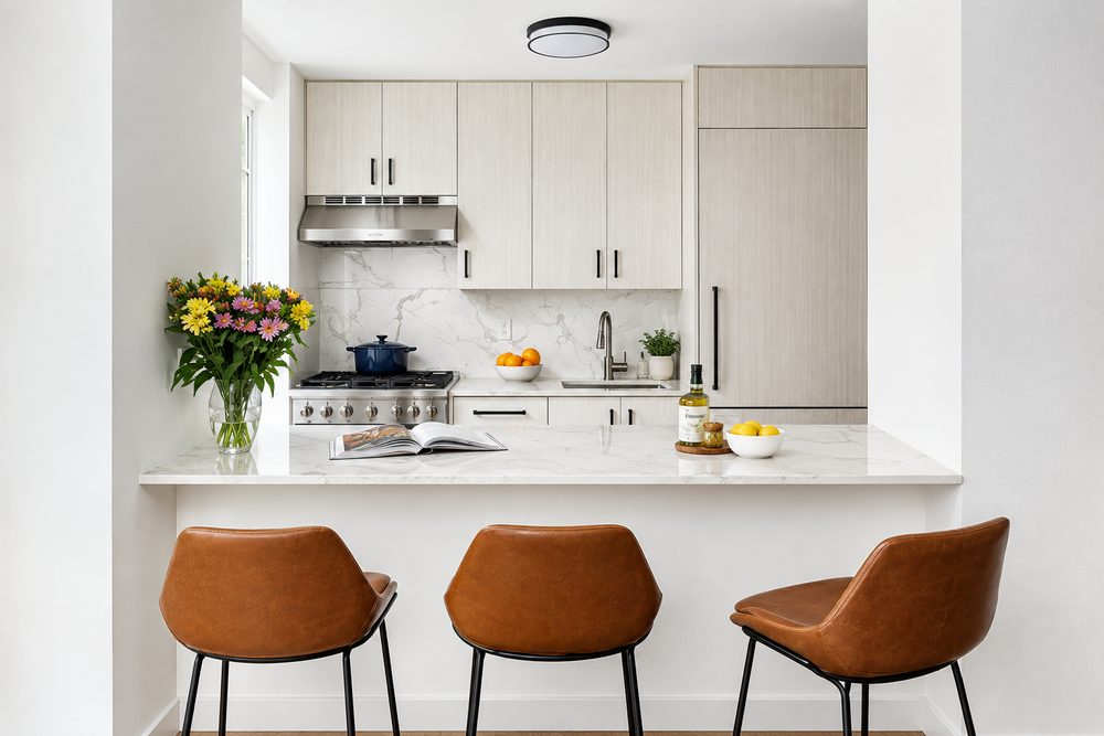 A compact single wall kitchen seen across a peninsula, with pale flat panel cabinets and a full height pantry tower at one end