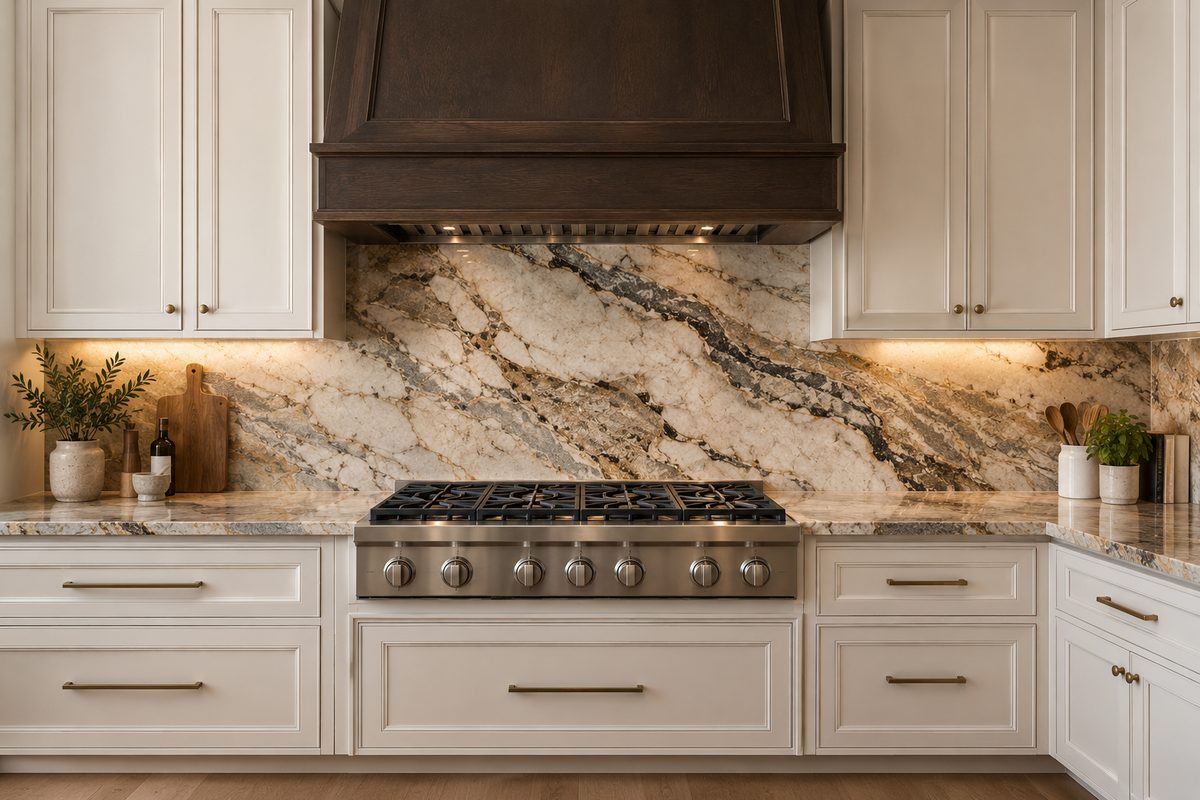 Dramatic gold and grey stone carried from the counter up the wall behind a rangetop, under a dark stained wood hood