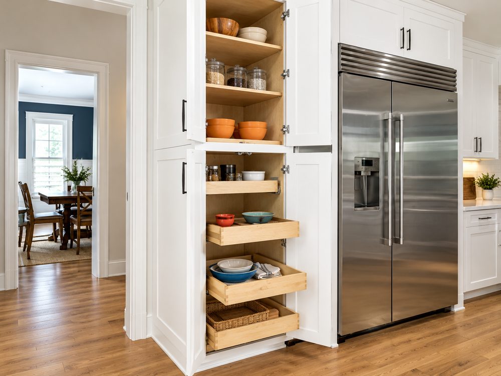 A tall pantry cabinet with the doors open, showing fixed shelves above and four pull out trays below, beside a stainless side by side fridge
